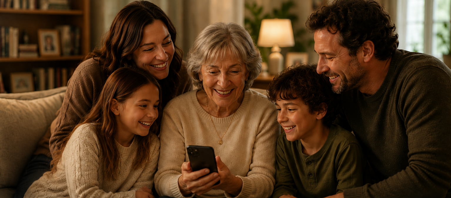 A family gathered around their grandmother, listening to her memoir on a phone in warm lamplight.