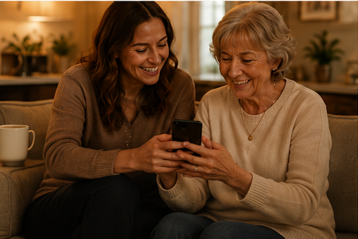 A daughter helps her mother set up Memoir on a phone.
