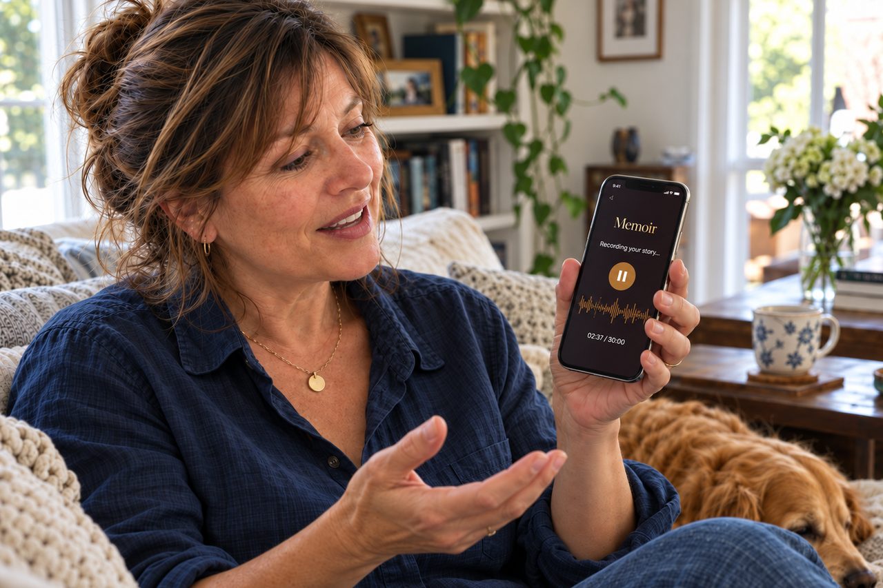 A woman comfortably seated on her couch, recording her memoir by speaking into her phone